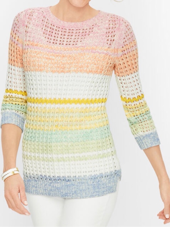 Talbots Sweaters - Summer Open-Knit Pastel Stripe Sweater - Pink/Peach/Yellow - Medium